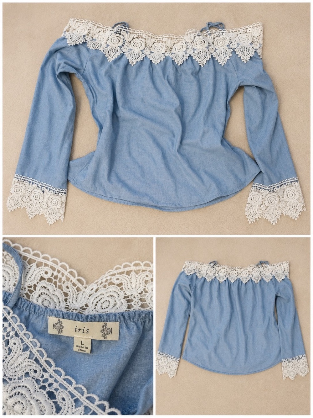 Vintage boho hippie iris Blue Off-Shoulder Top with White Lace Trim